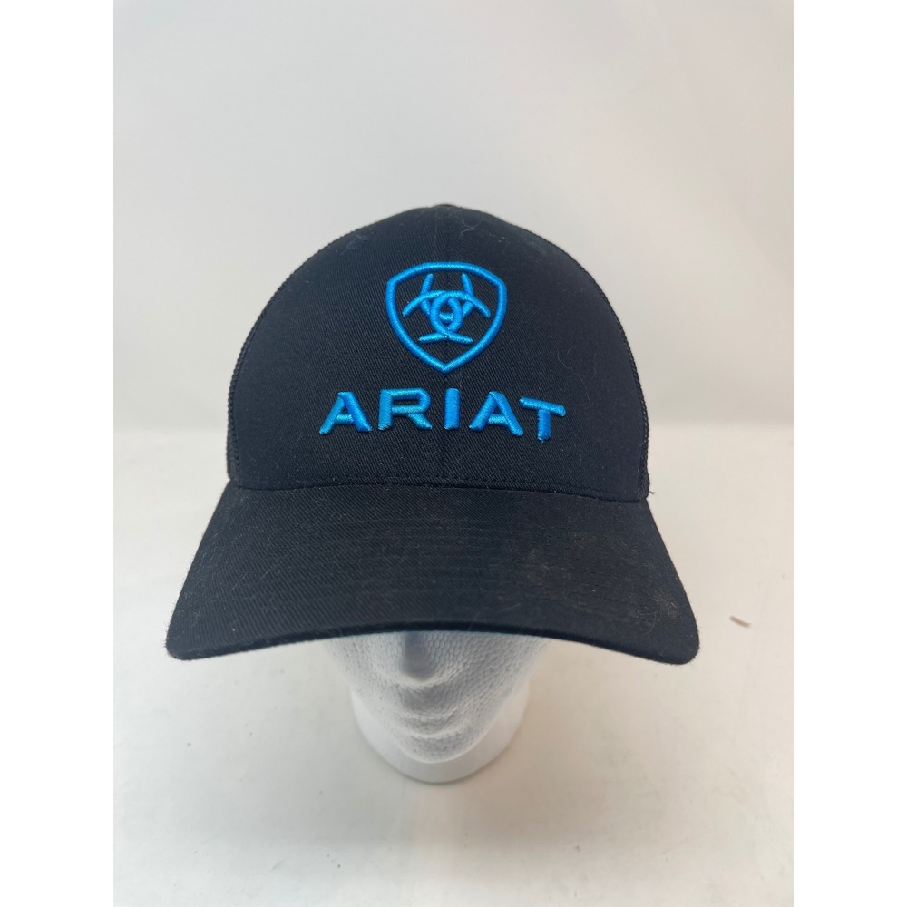Ariat Trucker Hat Mens S-M Black Excellent Blue Logo Flexfit Mesh Cap
